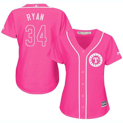 Rangers #34 Nolan Ryan Pink Fashion Women's Stitched MLB Jersey
